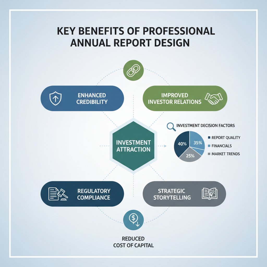 Infographic detailing the key benefits of professional annual report design for attracting investment in Malaysia