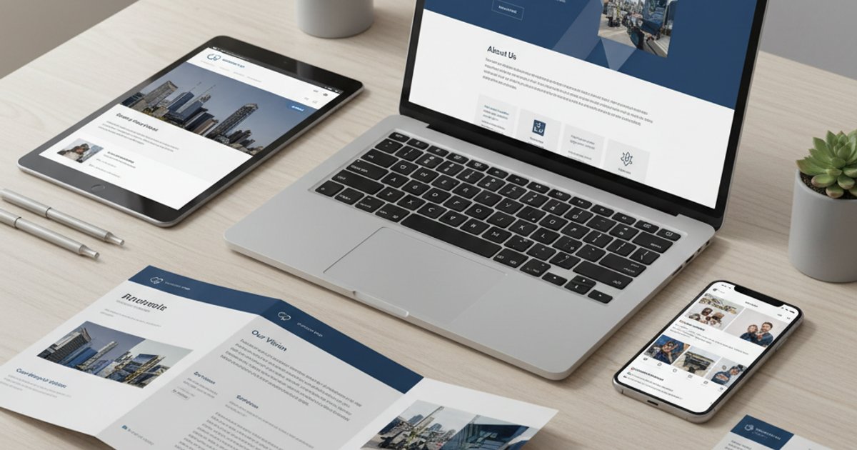 Cohesive company profile design elements across digital and print platforms for Malaysian businesses