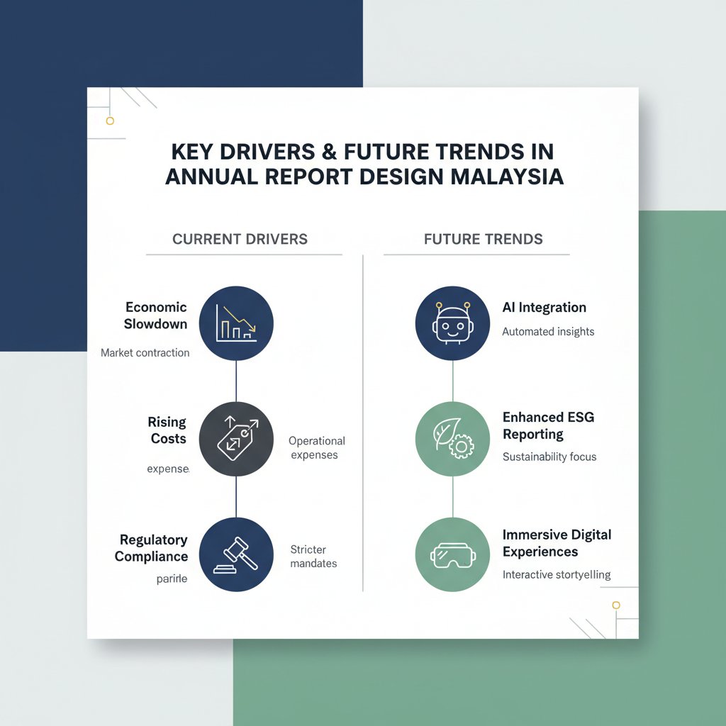 Infographic detailing key drivers and future trends influencing annual report design in KL and across Malaysia