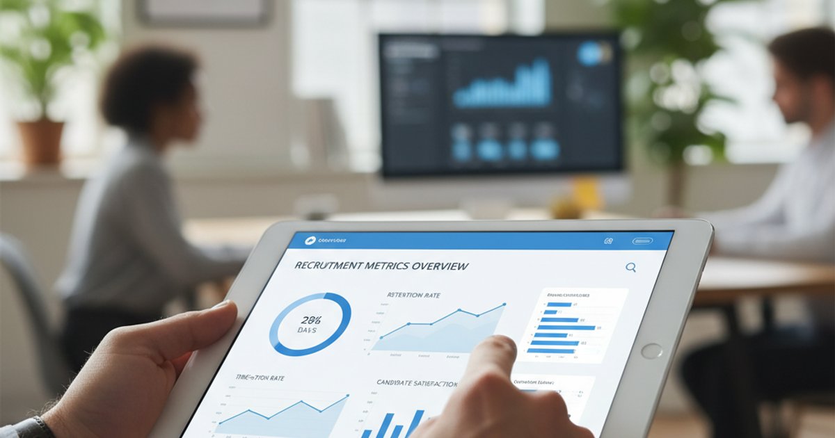 Tablet displaying recruitment metrics from a company profile design analysis