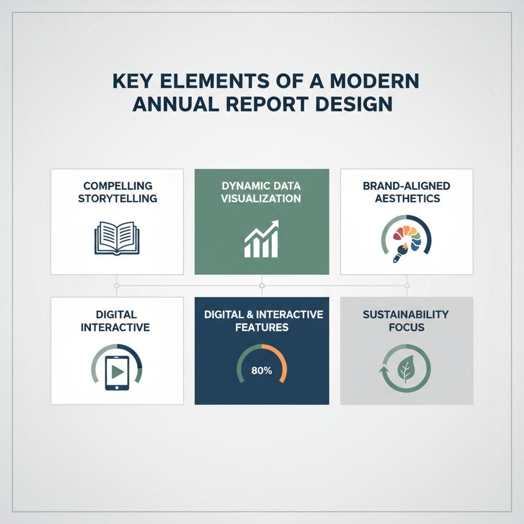Infographic detailing key elements of modern Annual Report Design, including storytelling, data visualization, and digital features relevant to Annual Report Design Malaysia.