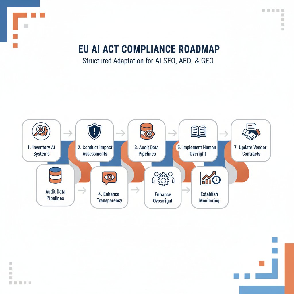 Infographic roadmap for adapting AI models and data handling for EU AI Act compliance in AI SEO, AEO, GEO