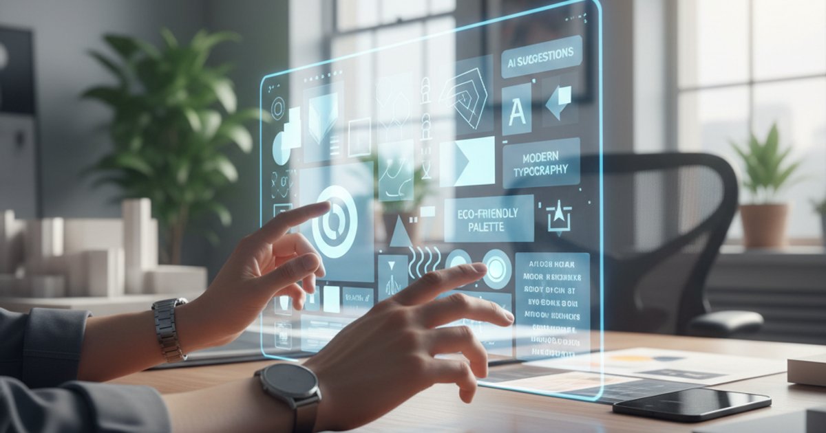Human designer refining AI-generated Company Profile Design elements on a holographic interface