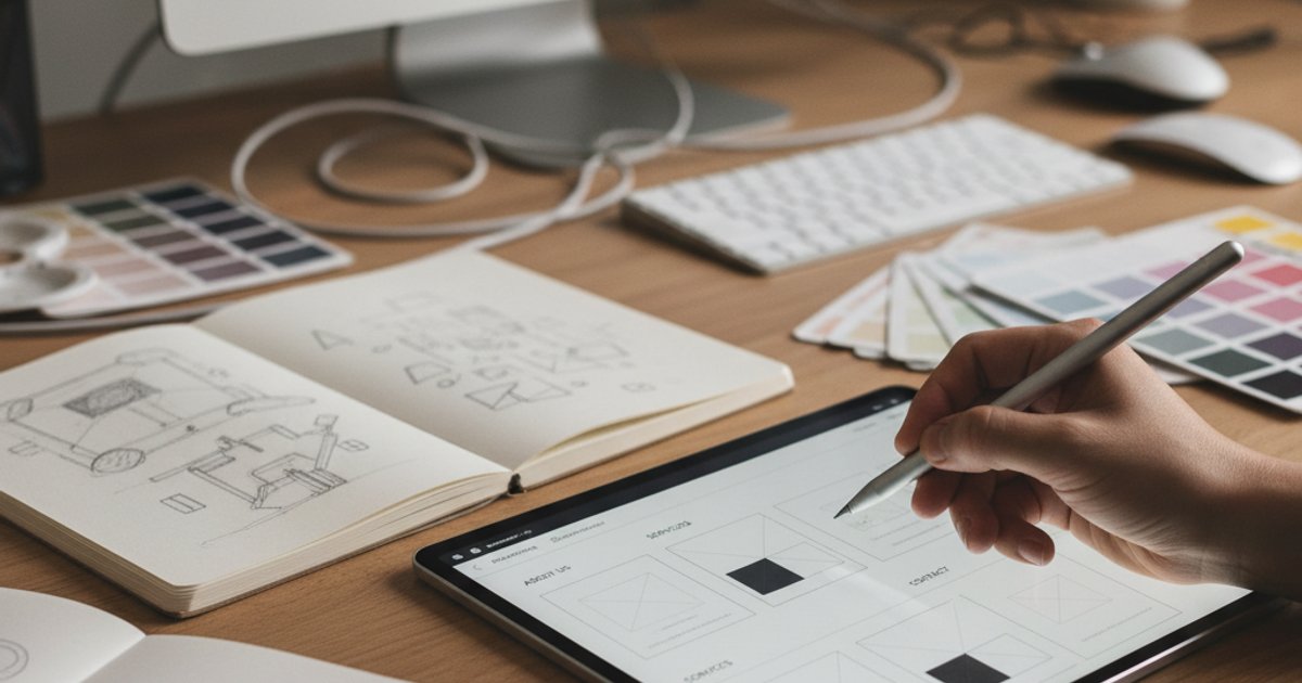 Human designer refining an AI-generated Company Profile Design using a stylus on a tablet