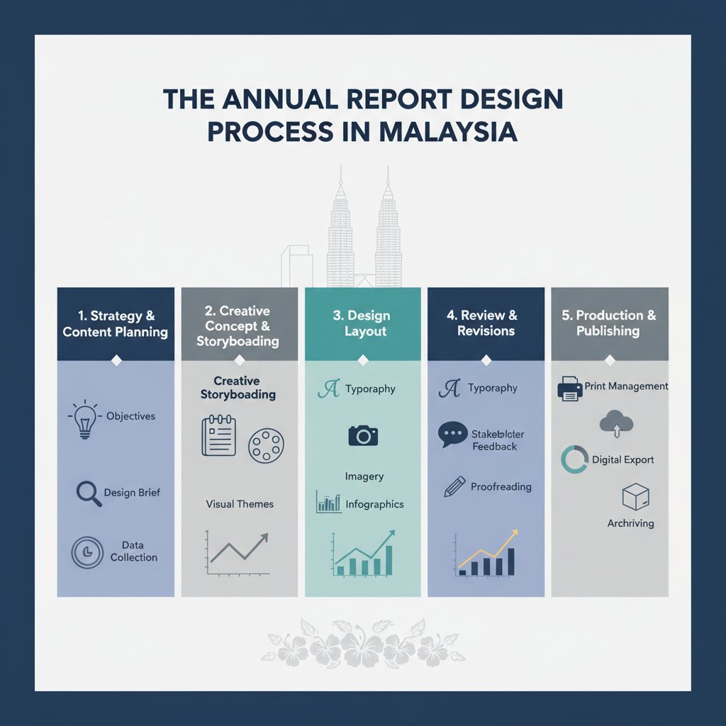 Infographic outlining the comprehensive annual report design process for Malaysian companies, from strategy and content planning to creative concept, design, review, and final production, highlighting local expertise in KL.
