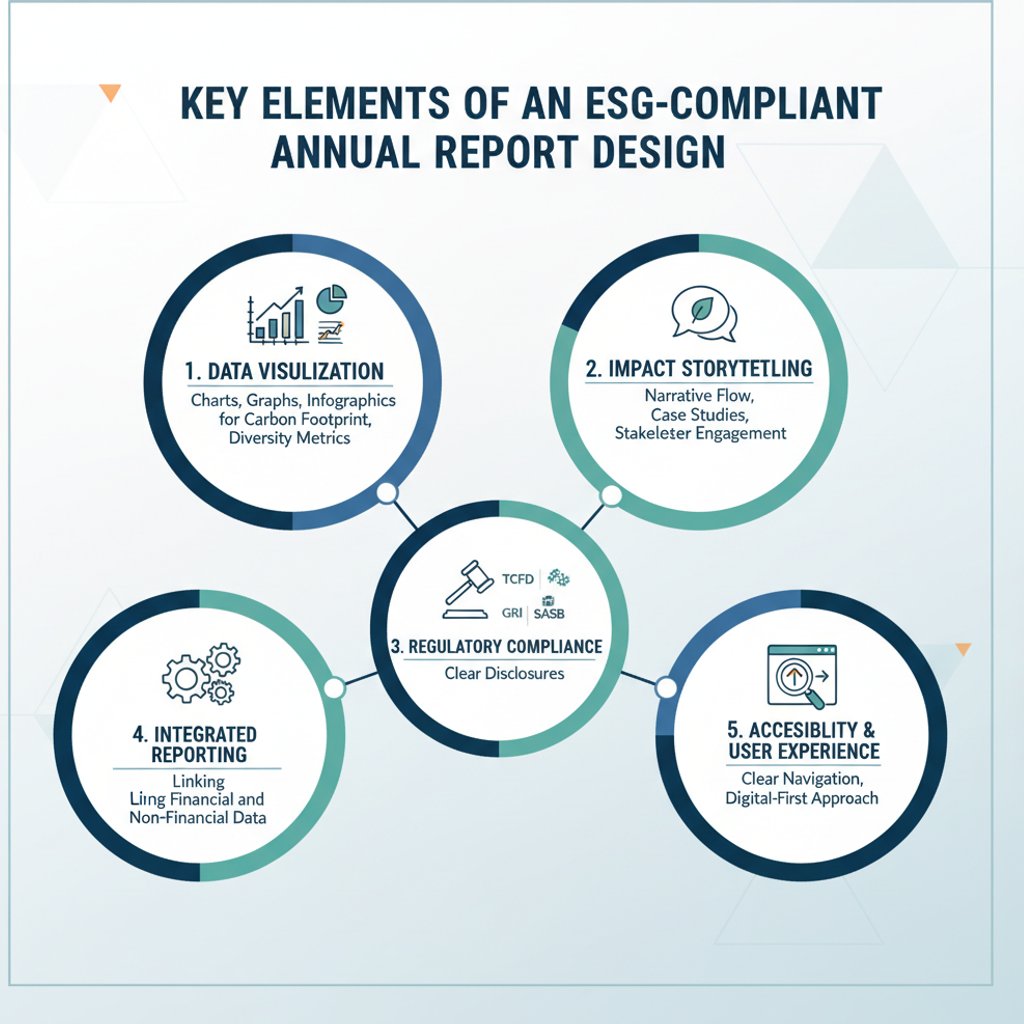 Infographic detailing key elements of an ESG-compliant annual report design, focusing on data visualization, impact storytelling, and regulatory adherence for annual report design Malaysia.