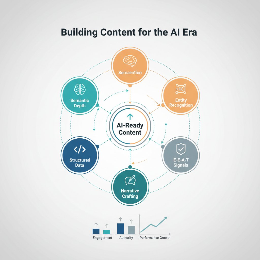 Infographic showing a content strategy framework for AI SEO, including semantic depth, entity recognition, structured data, E-E-A-T, and narrative crafting.