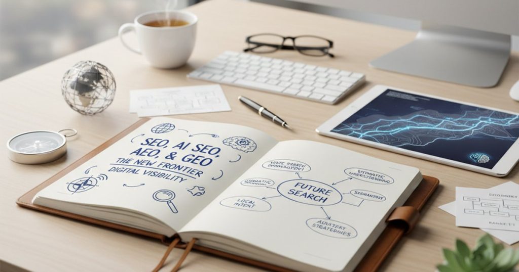 Infographic explaining AI SEO, AEO, and GEO for digital visibility