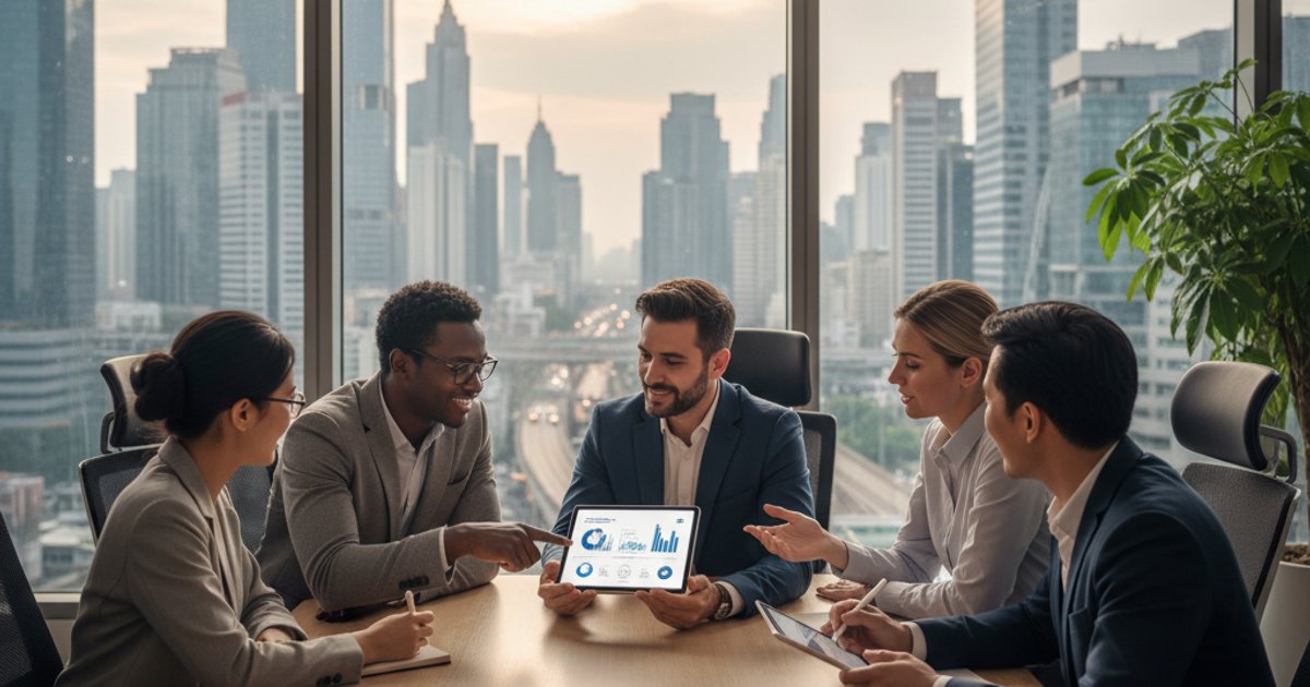 Diverse business team reviewing a global company profile design in a modern office, highlighting international collaboration for Malaysian companies.