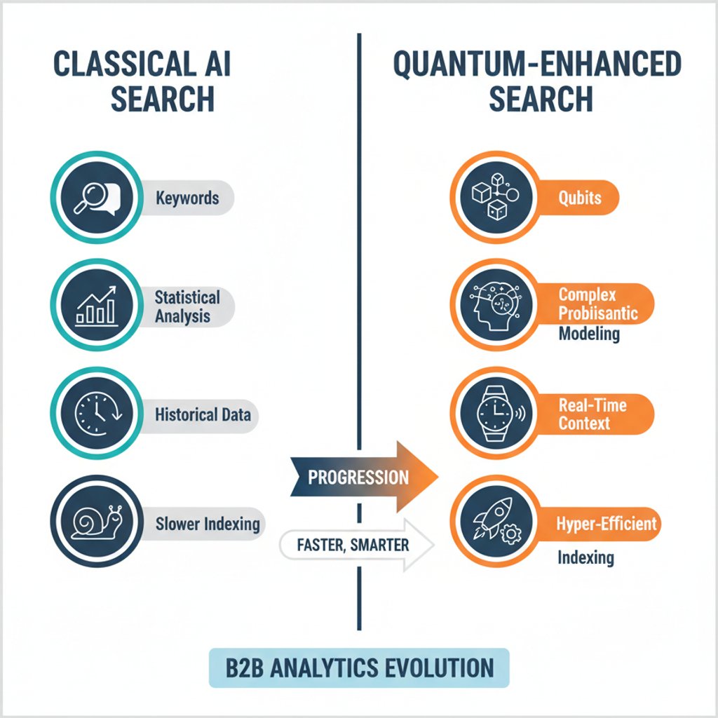 Infographic comparing classical AI SEO and quantum-enhanced AI SEO, highlighting differences in processing, data analysis, and personalization for future search