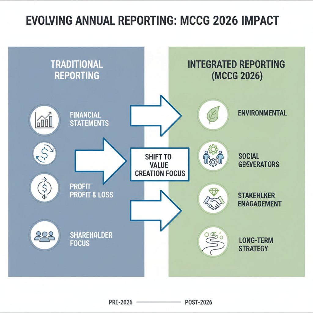 Infographic illustrating the shift from traditional annual report design to integrated reporting under MCCG 2026 in Malaysia