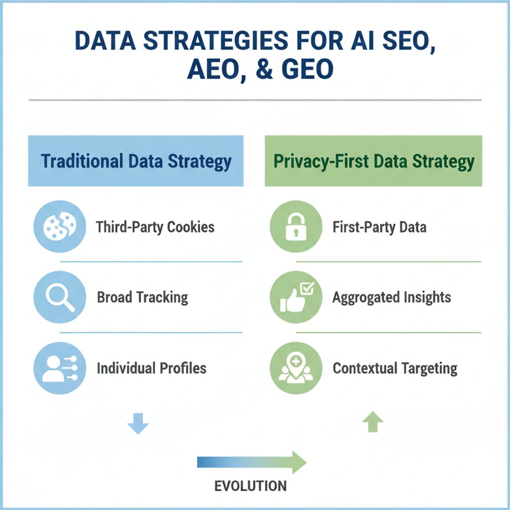 Infographic comparing traditional vs. privacy-first data strategies for AI SEO, AEO, and GEO