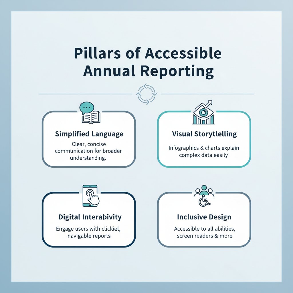 Infographic detailing the pillars of accessible annual report design in Malaysia, including simplified language, visual storytelling, digital interactivity, and inclusive design principles.