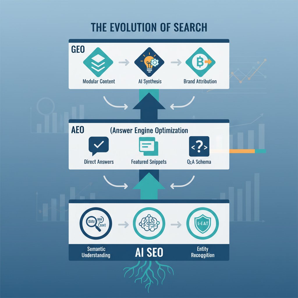 Infographic explaining the relationship between AI SEO, AEO, and GEO for niche authority
