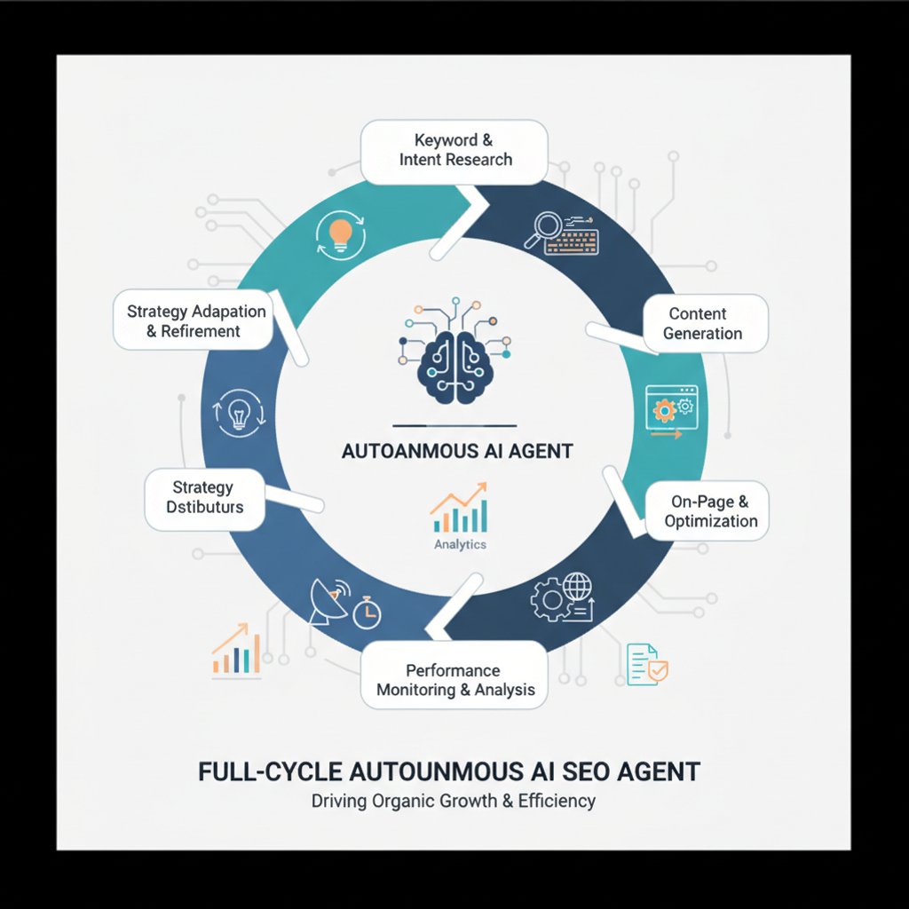 Infographic showing the full cycle of an autonomous AI SEO agent, from research to optimization, covering AI SEO, AEO, and GEO.