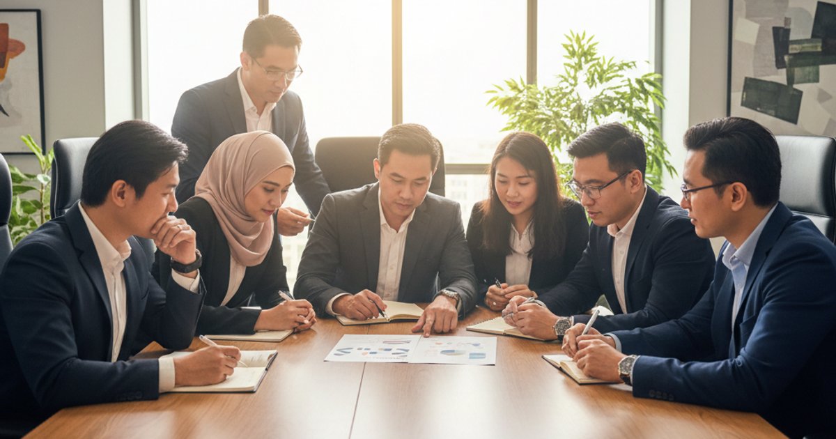Diverse Malaysian team reviewing a persuasive company profile design in a modern office in Kuala Lumpur.