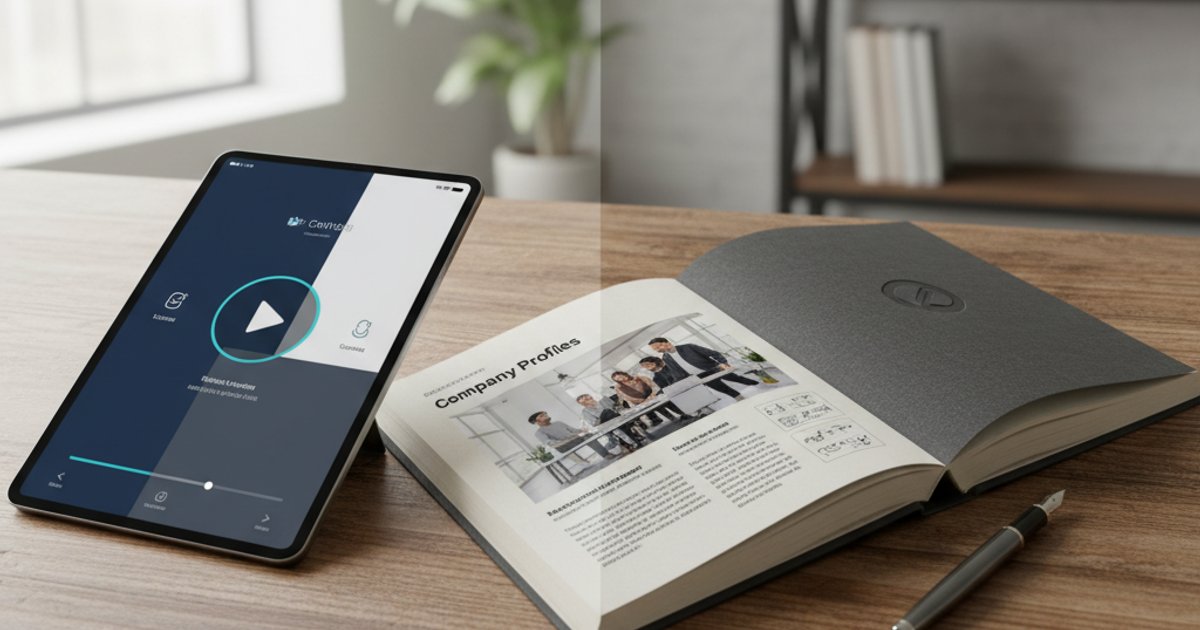Comparison of digital and print company profile design, showcasing versatility for global markets from Malaysia.
