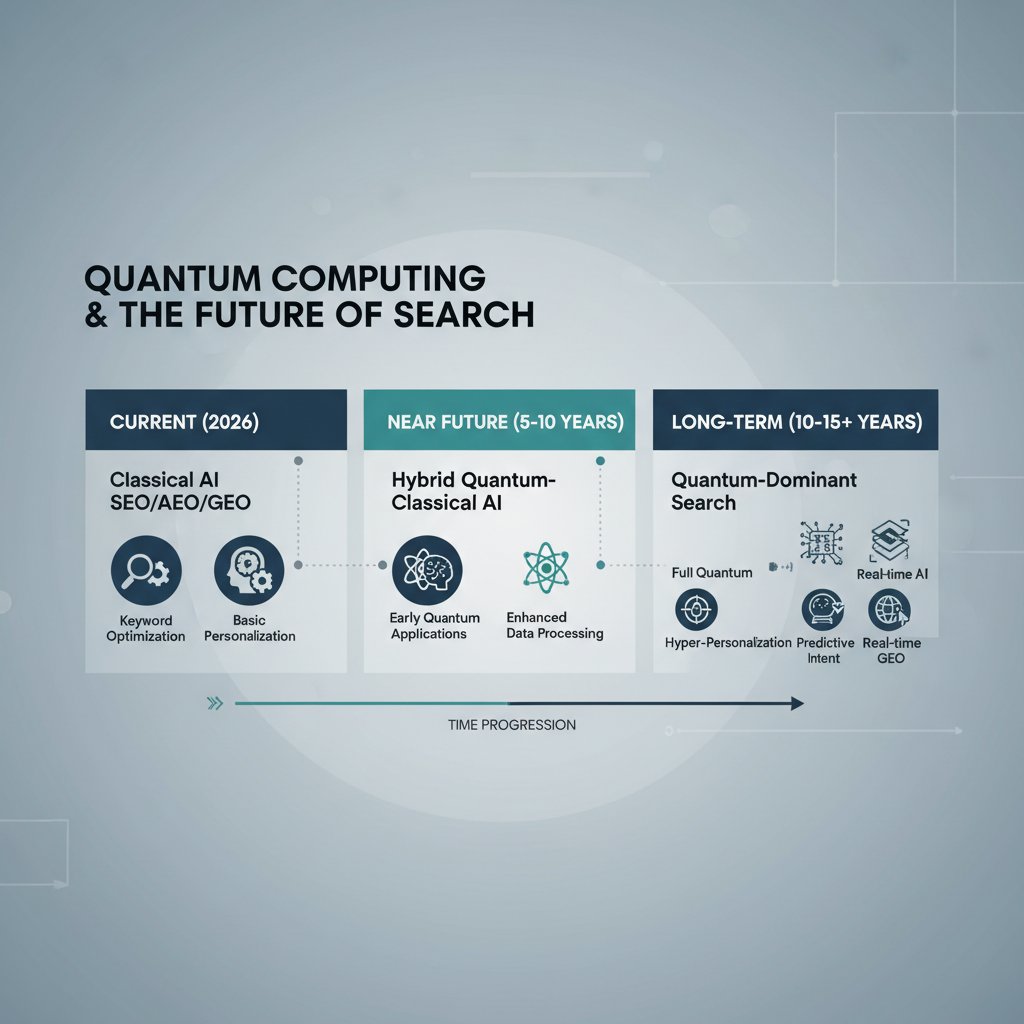 Timeline infographic showing the progression of quantum computing's impact on AI SEO, AEO, and GEO over the coming decades