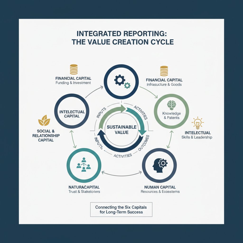 Infographic explaining the Six Capitals framework for integrated annual report design and value creation under MCCG 2026