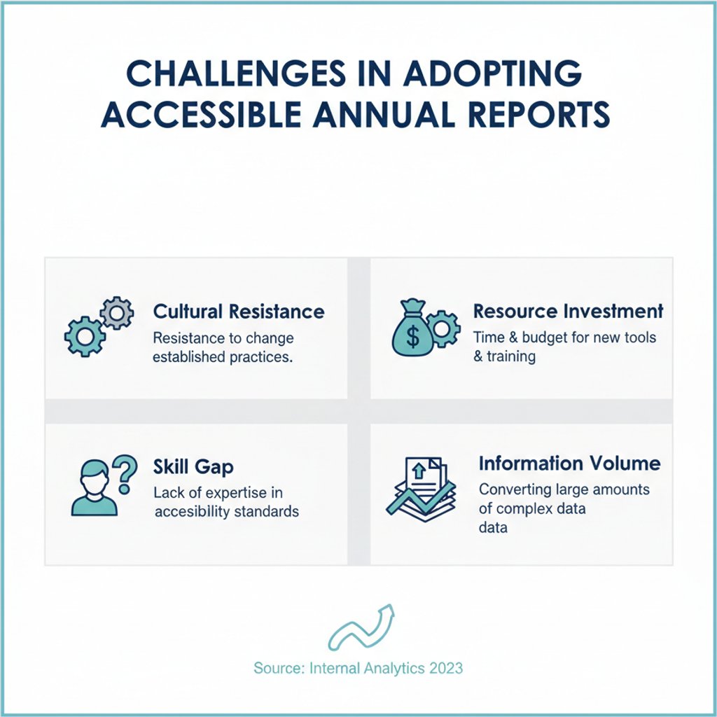 Infographic illustrating common challenges companies face when adopting new accessible annual report design standards in KL, such as cultural resistance and resource investment.