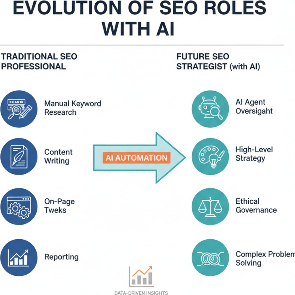 Infographic illustrating the shift in roles for human SEO professionals with the rise of autonomous AI SEO agents, focusing on strategic oversight and creative tasks.