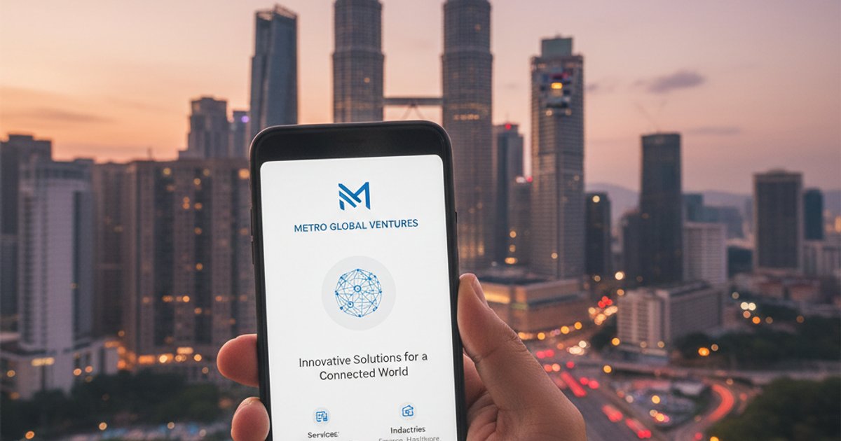 Mobile-friendly company profile design displayed on a smartphone in a Malaysian urban setting, digital context.